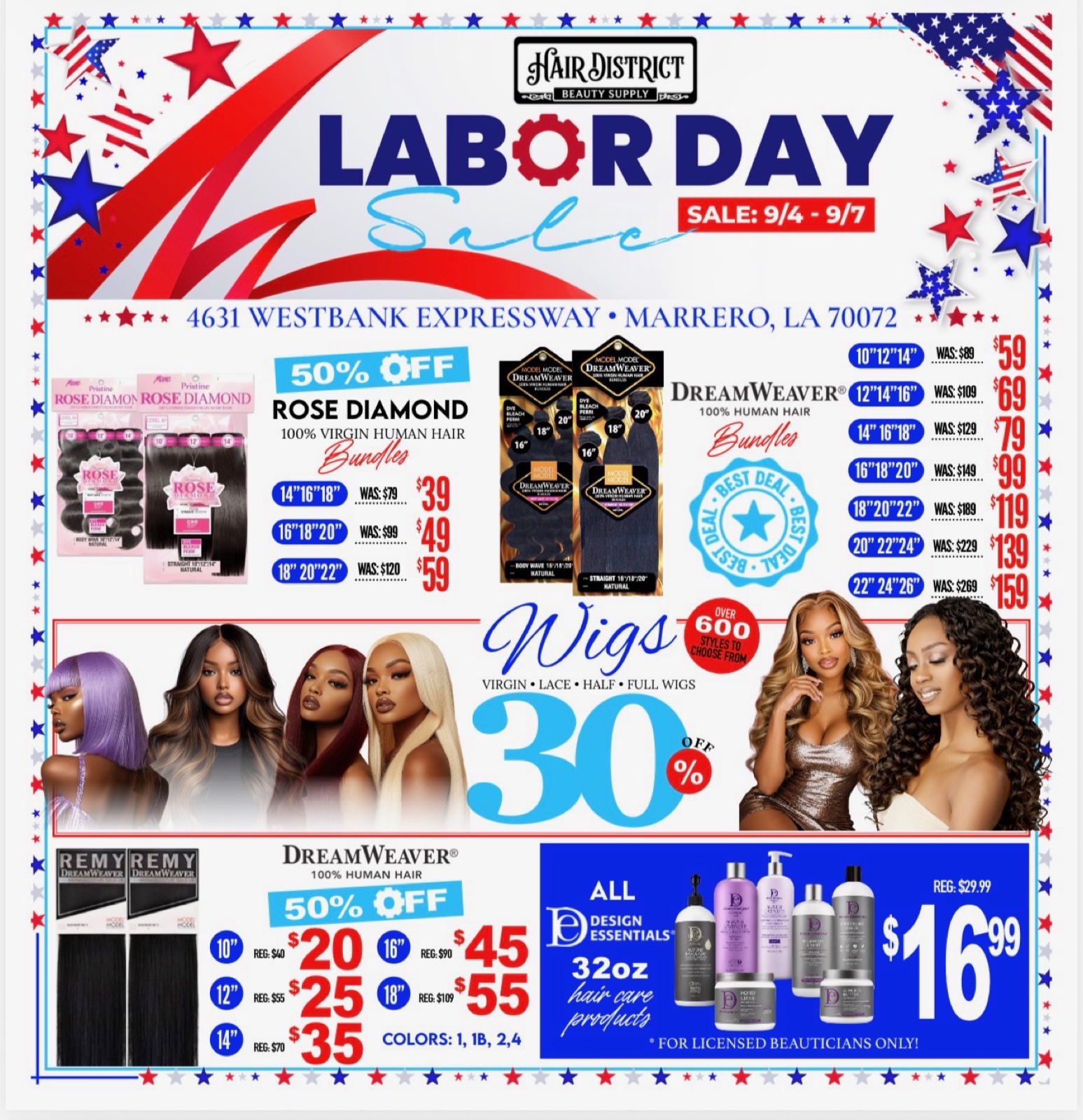 Labor Day Sale flyer — bundles, wigs, Remy DreamWeaver