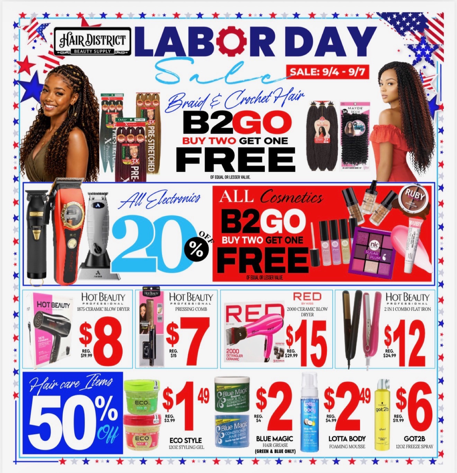 Labor Day Sale flyer — braids, cosmetics, tools, hair care